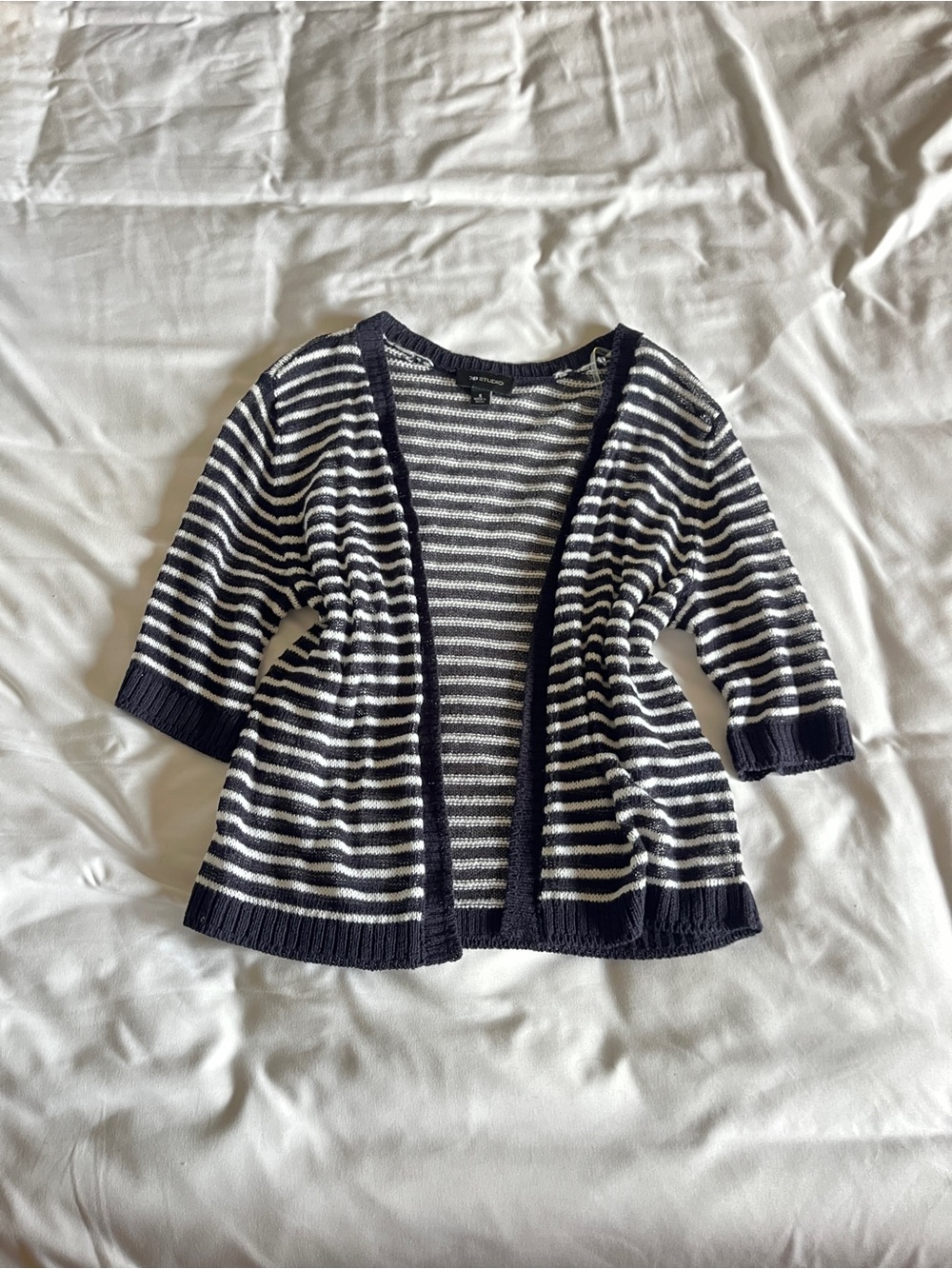 AB Studio Size S Black & White Striped Lightweight Knit Open-Front Cardigan